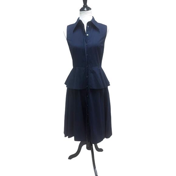MICHAEL KORS COLLECTION Cotton Poplin Peplum Sleeveless Shirtdress Navy EUC Sz 4 - Picture 3 of 10